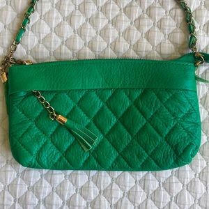 Green leather clutch purse handbag w/ chain strap